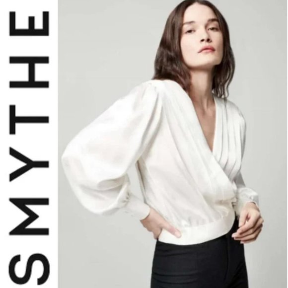 SMYTHE Pleated Wrap Front Long Sleeve Blouse, Size Medium - Ivory - Picture 2 of 6